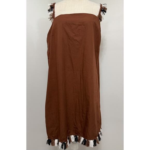 Anthropologie The Hartley Shift Mini Dress Brown Tassel Fringe Cotton XL NWT $98 - Picture 1 of 4
